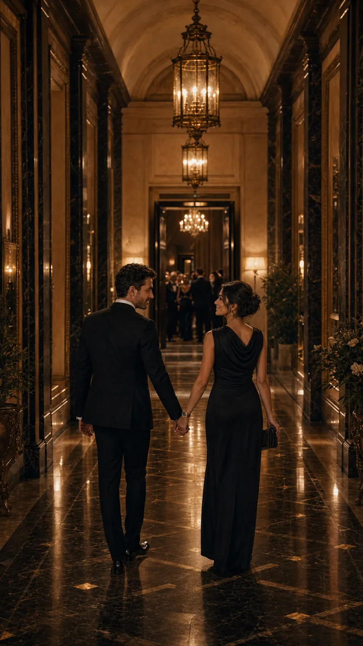 Couple walking through the hotel corridor