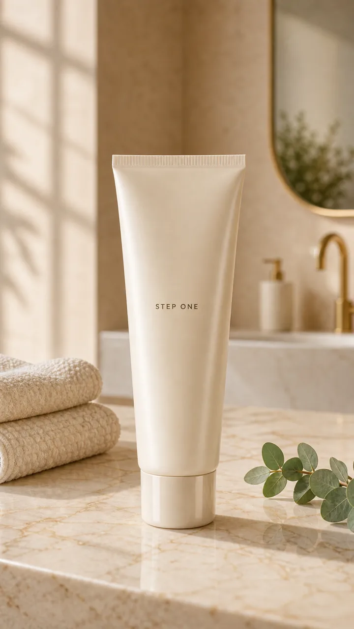 Skincare tube hero on a bathroom vanity