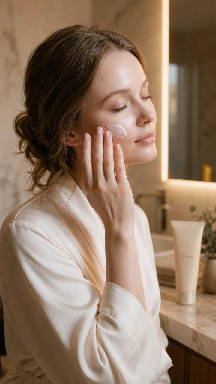 Model applying cream to her cheek